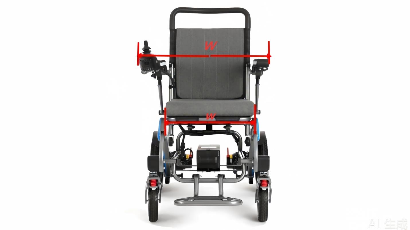 Electric wheelchair seat width guide showing seat and overall width
